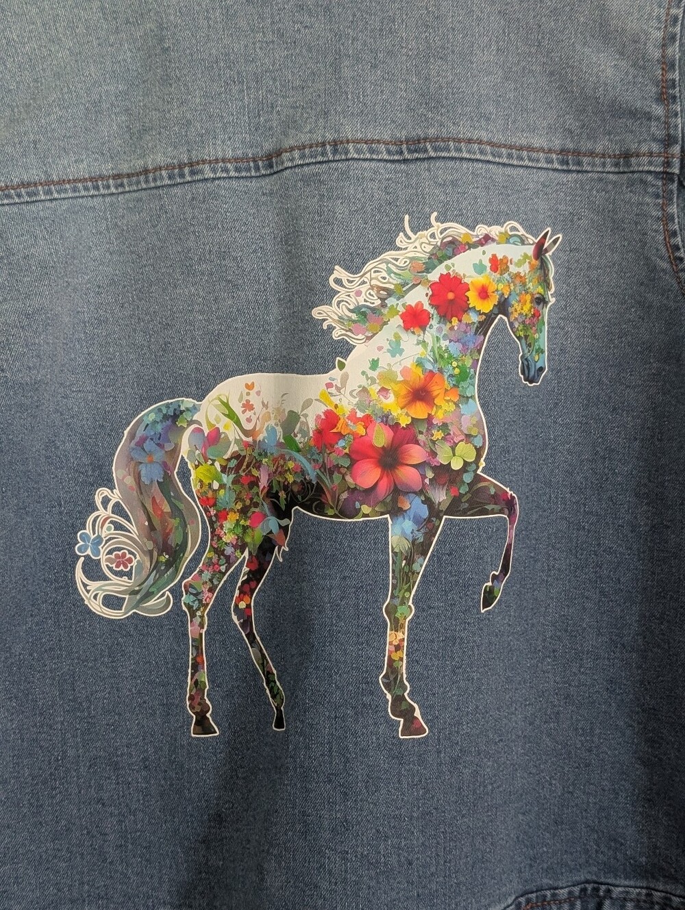 UpCycled | Floral Horse Denim Jacket | Size Large | 🐴🌺🦋 - Picture 3 of 13
